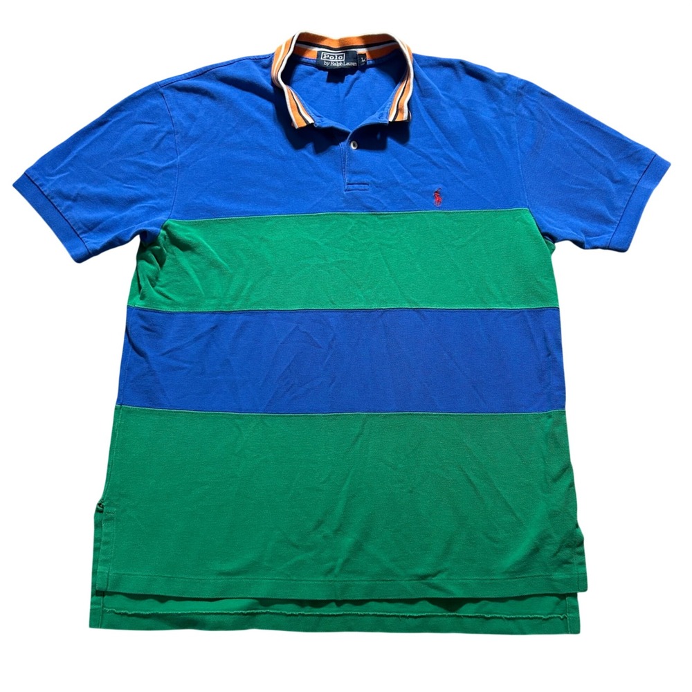 VTG Polo Ralph Lauren Polo Shirt 90s Mens L Blue Green Striped USA Made